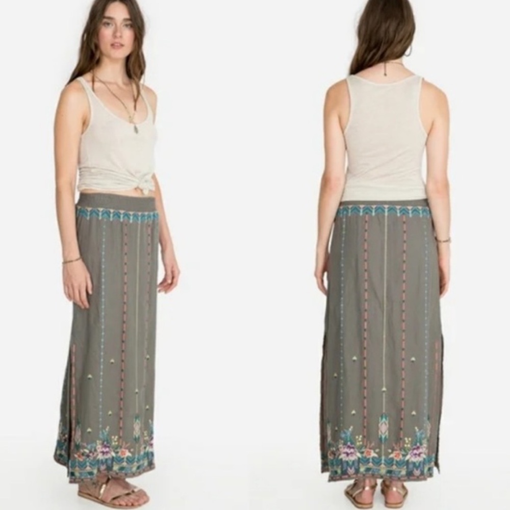 JOHNNY WAS Grey Embroidered‎ Linen Smock Maxi Skirt Slit Bohemian